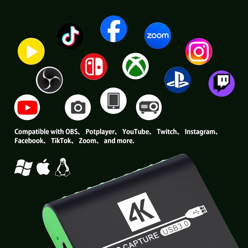 SUDTREEV HDMI Video Capture Card for Nintendo Switch 2, 1080P 60FPS, 4K@30Hz Input and Passthrough, HDMI to USB3.0, Compatible with OBS/PS4/PS5/Mac/Windows - Image 3